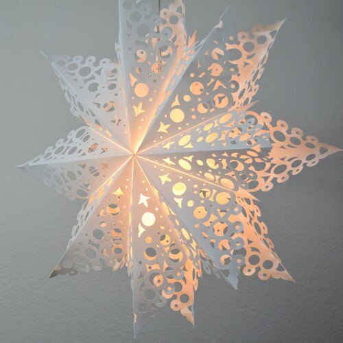 3-PACK + Cord | White Solstice 24&quot; Pizzelle Designer Illuminated Paper Star Lanterns and Lamp Cord Hanging Decorations - PaperLanternStore.com - Paper Lanterns, Decor, Party Lights &amp; More
